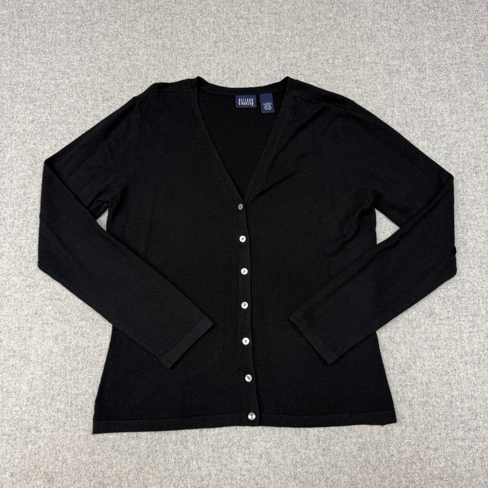Hillard & Hanson Cardigan Sweater Size L Black V-Neck Ribbed Waist Button Front